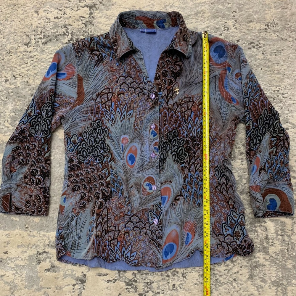 Tianello S Peacock Art-to-Wear Feathers Tencel Rayon Blouse Shirt Top Lux
